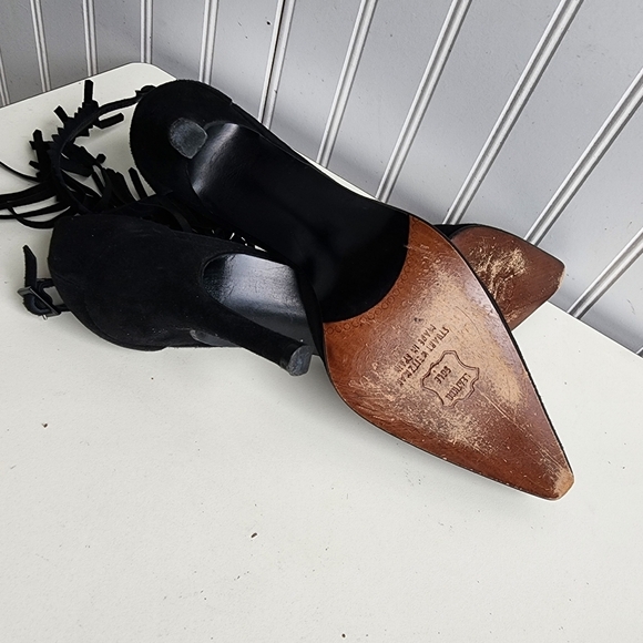 RARE Stuart Weitzman Fringelica Suede Point Toe Pump Black Ankle Strap Heel 7.5 - Picture 11 of 16